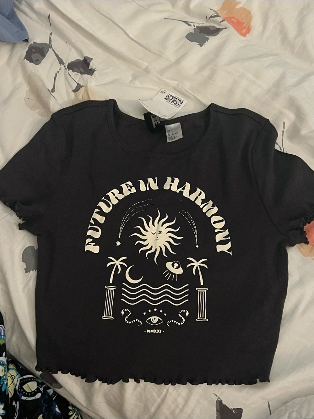 Future in Harmony Black Graphic Crop Tee